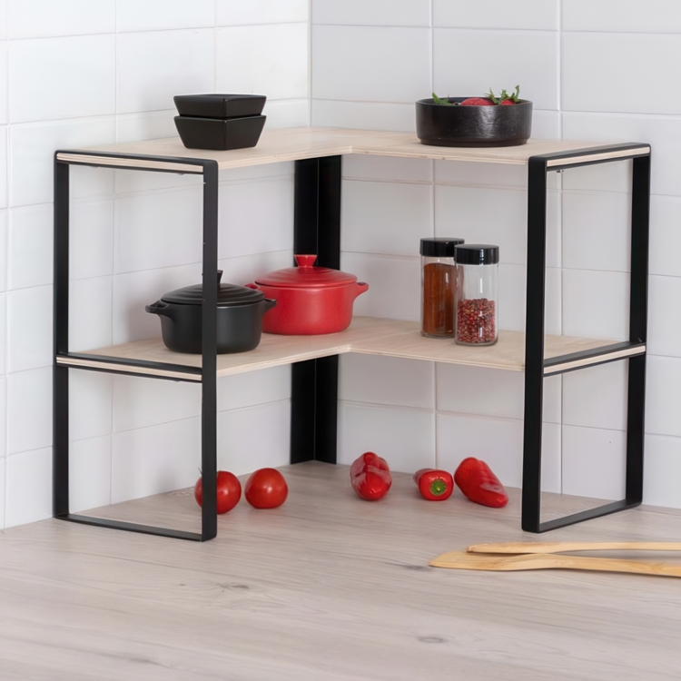 Mini 2-tier shelf, BLACK & WOOD CORNER RACK, 40 x 40 x H 35 cm, Natural / Black