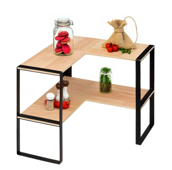 Mini 2-tier shelf, BLACK & WOOD CORNER RACK, 40 x 40 x H 35 cm, Natural / Black