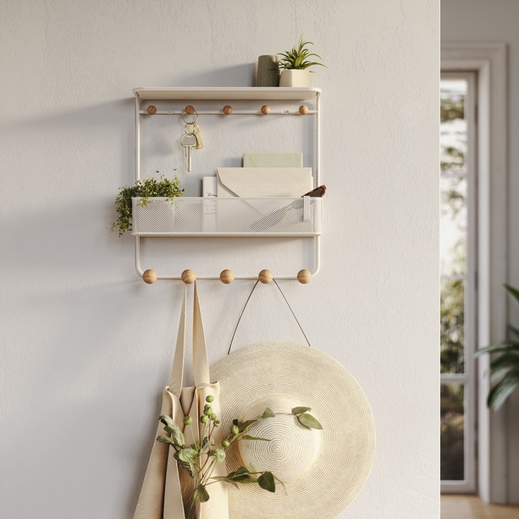 Shelf with 10 hooks, ESTIQUE, Umbra, 32 x 10 x H 31 cm, White / Nature