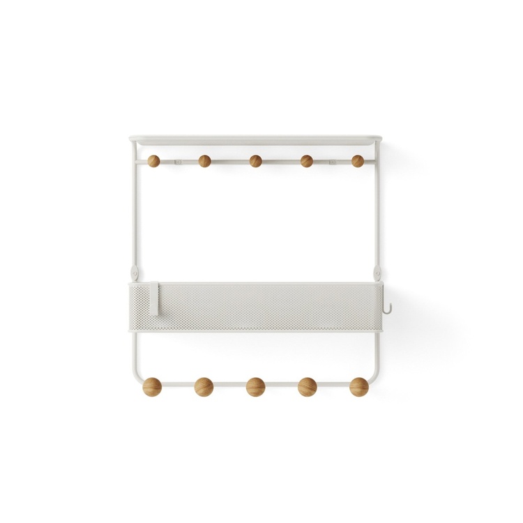  Shelf with 10 hooks, ESTIQUE, Umbra, 32 x 10 x H 31 cm, White / Nature