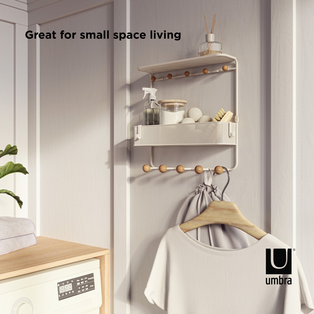  Shelf with 10 hooks, ESTIQUE, Umbra, 32 x 10 x H 31 cm, White / Nature