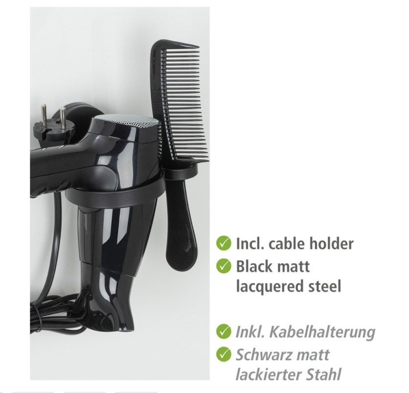 Holder for Hairdryer, Self-Adhesive, PAVIA STATIC-LOC, Black