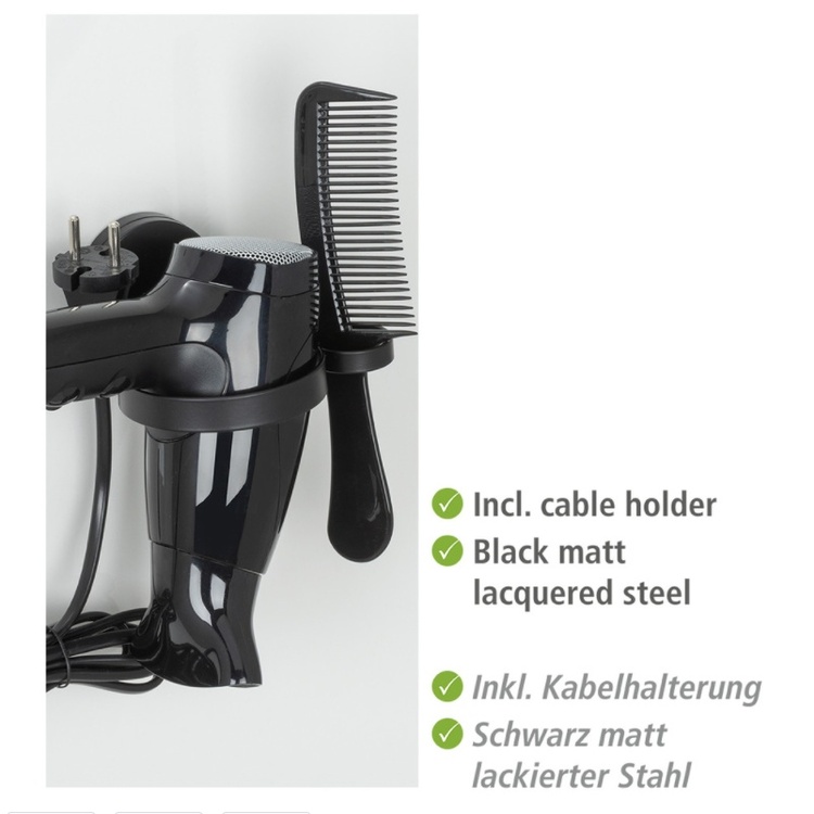 Holder for Hairdryer, Self-Adhesive, PAVIA STATIC-LOC, Black