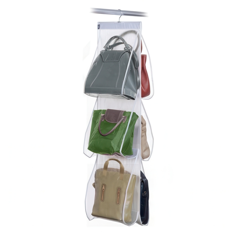 Hanging storage for bags, PORTA BORSE, 6 compartments, 36 x H 120 cm, Clear