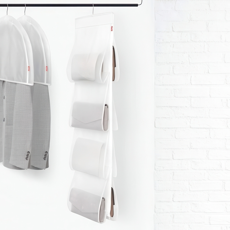 Hanging storage for bags, 8 compartments, MILKY WHITE, 33 x H 122 cm, Transparent
