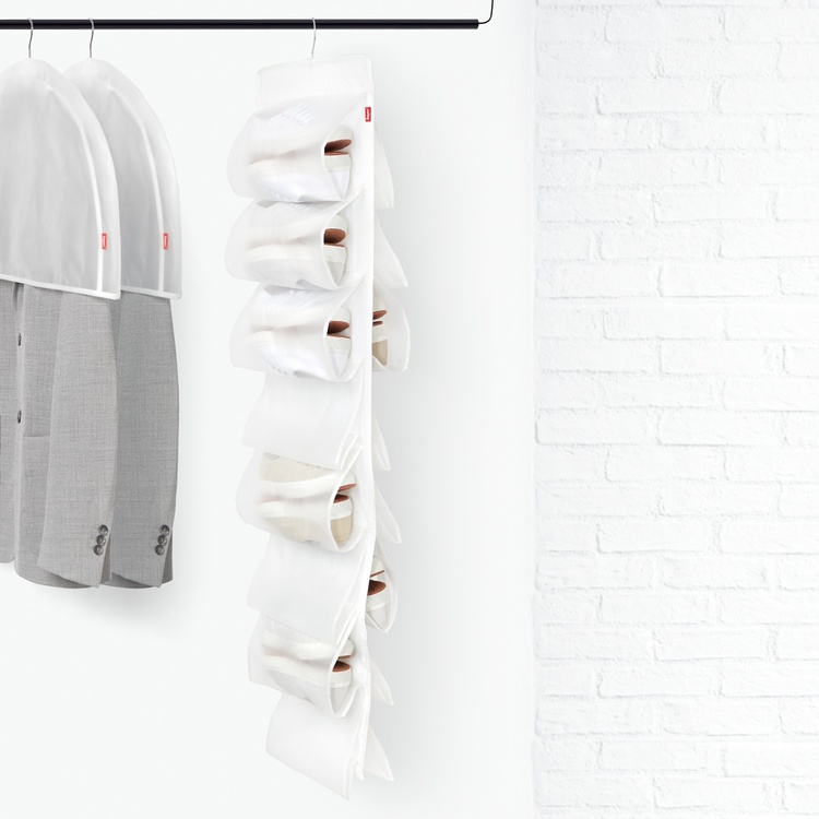Hanging Shoe Storage, 16 compartments, MILKY WHITE, 33 x H 131 cm, Transparent