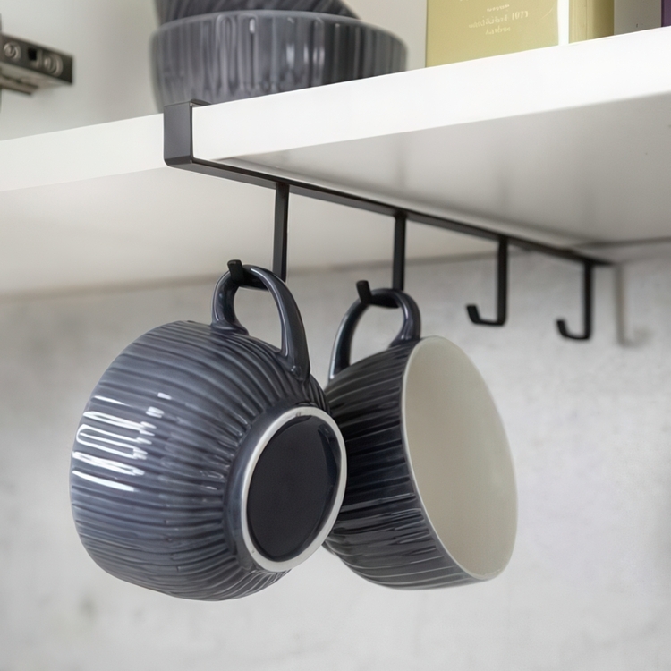 Under Cupboard Rack with 4 hooks, COFFEE CUP HANGER, Black