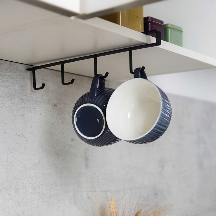 Under Cupboard Rack with 4 hooks, COFFEE CUP HANGER, Black