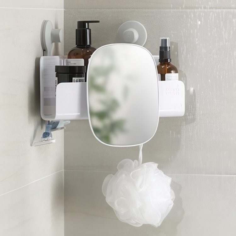Corner Shower Shelf with Mirror, EASY STORE, 26.5 x 18 x H 22 cm, Joseph Joseph, White