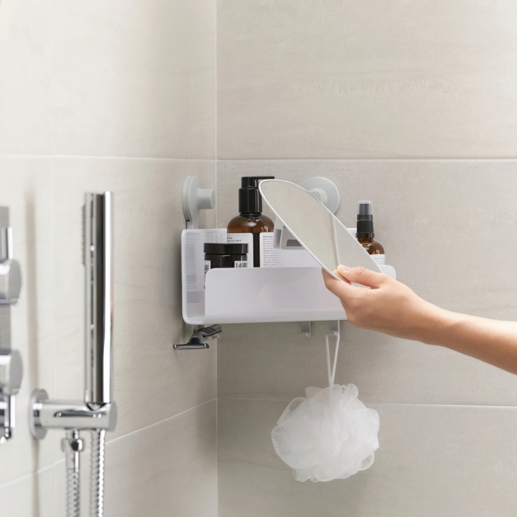 Corner Shower Shelf with Mirror, EASY STORE, 26.5 x 18 x H 22 cm, Joseph Joseph, White