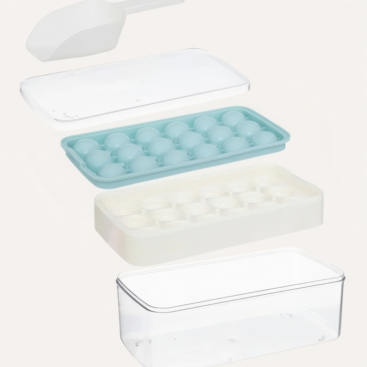 Ice tray with Box and Scoop, ICE CUBE BOX, Transparent / Blue