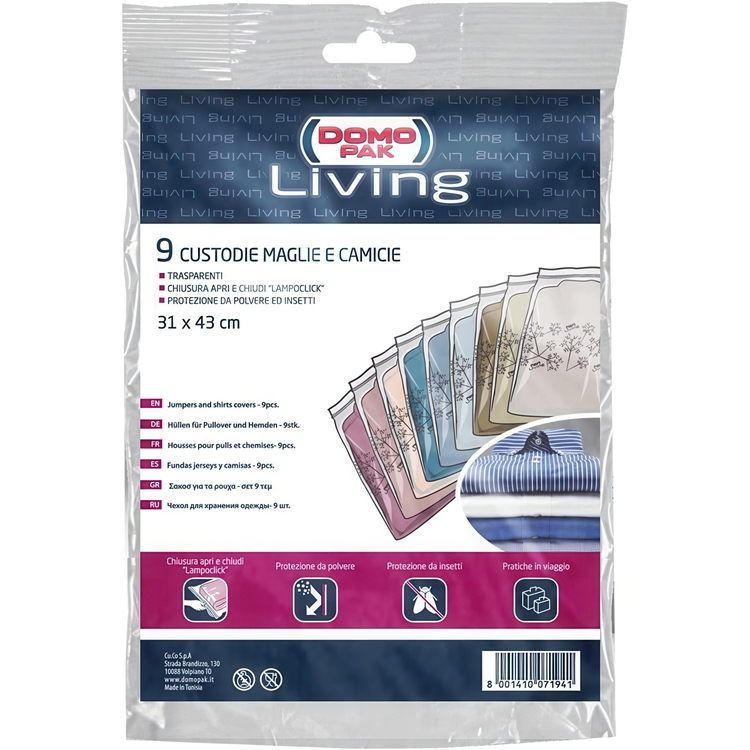 Bags for Jumpers and Shirts, transparent plastic, Set of 9, LIVING ZIP-LOCK, 31 x H43 cm, Clear