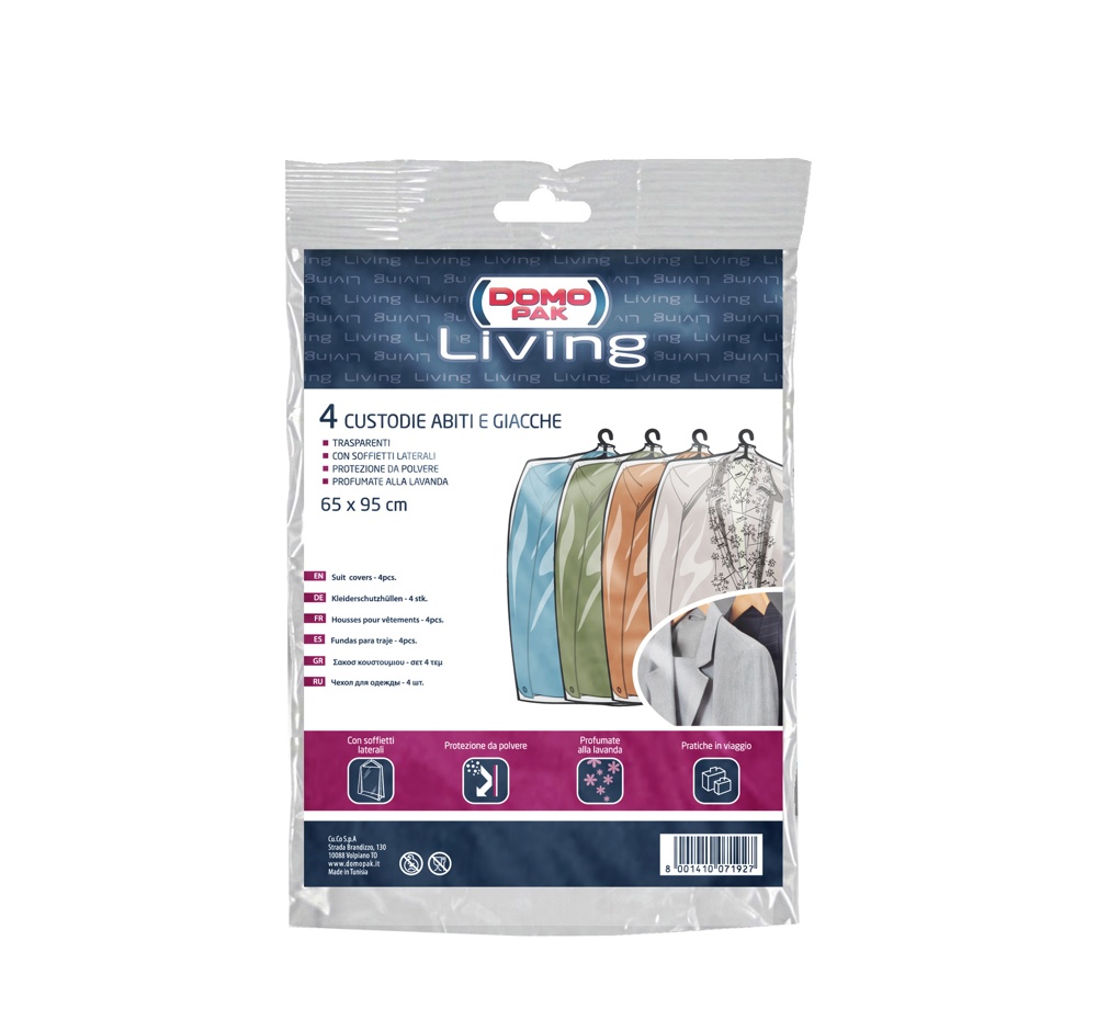 Garment bag, short, transparent plastic, Set of 4, Lavender scented, LIVING, 65 x H95 cm, Clear