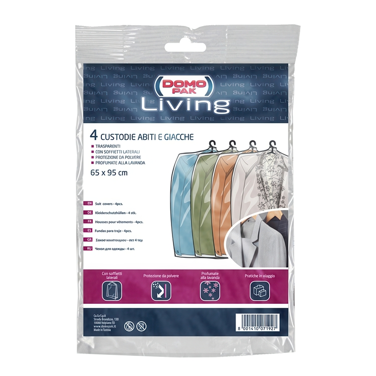 Garment bag, short, transparent plastic, Set of 4, Lavender scented, LIVING, 65 x H95 cm, Clear