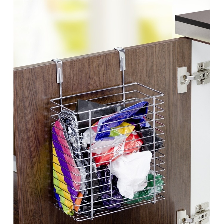 Basket for cabinet door, PLASTIC BAG ORGANIZER, 12 x 20 x H30 cm, Silver