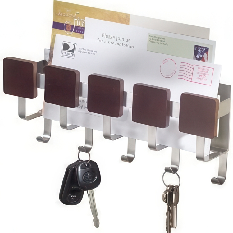 Letter Rack & Hooklist, ESPRESSO MAIL CENTER, 29 x 7 x H 11 cm, Silver / Brown