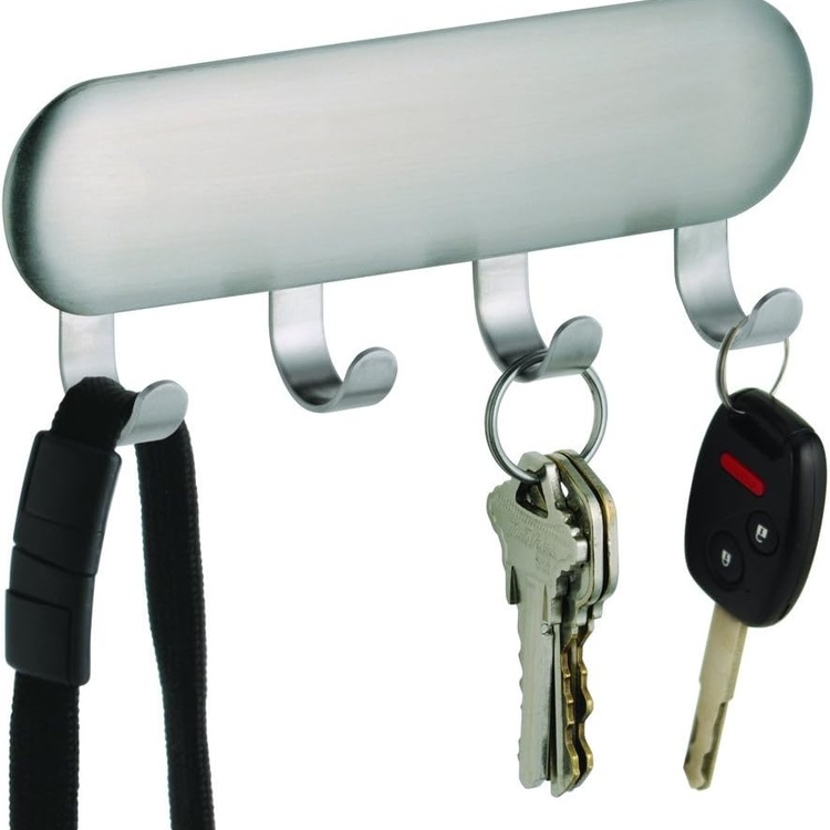 Rack with 4 hooks, Adhesive, FORMA KEY RACK, 14 x 2,5 x H 5,5 cm, Brushed steel