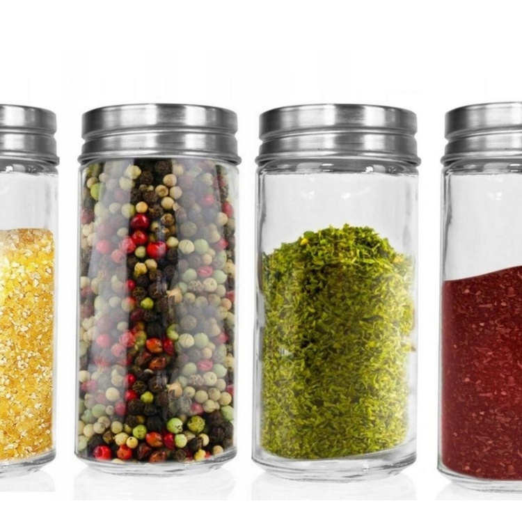 Jars with Metal Lid, Set of 6, GLASS SPICE POTS, Ø 4,5 x H 9,5 cm, Clear / Silver