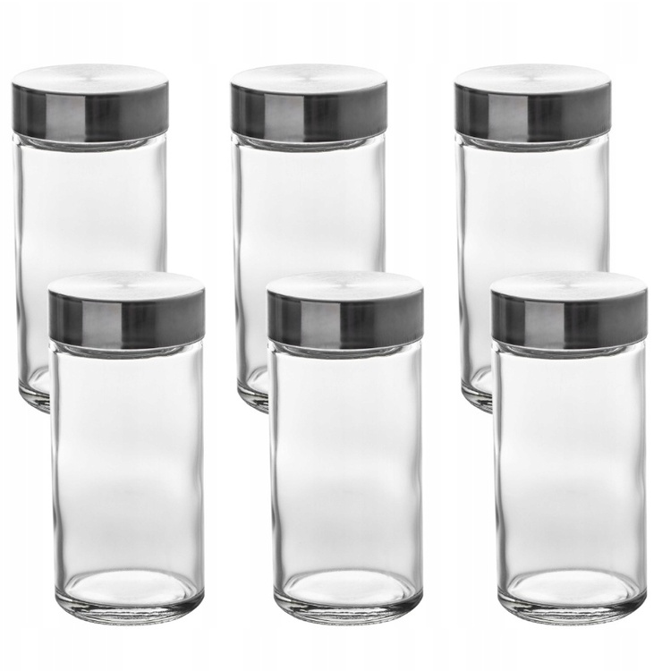 Jars with Metal Lid, Set of 6, GLASS SPICE POTS, Ø 4,5 x H 9,5 cm, Clear / Silver