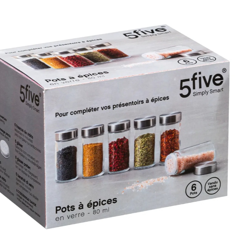 Jars with Metal Lid, Set of 6, GLASS SPICE POTS, Ø 4,5 x H 9,5 cm, Clear / Silver