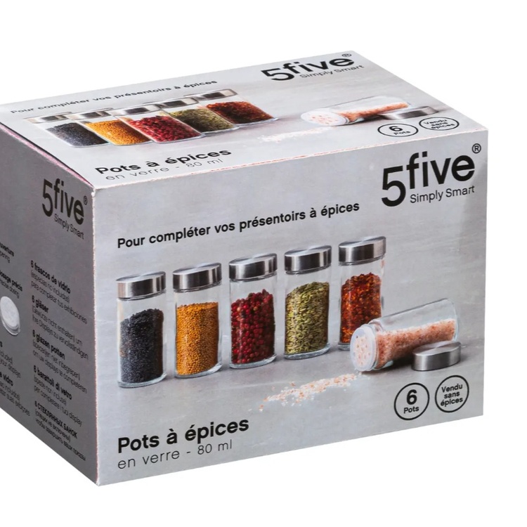 Jars with Metal Lid, Set of 6, GLASS SPICE POTS, Ø 4,5 x H 9,5 cm, Clear / Silver