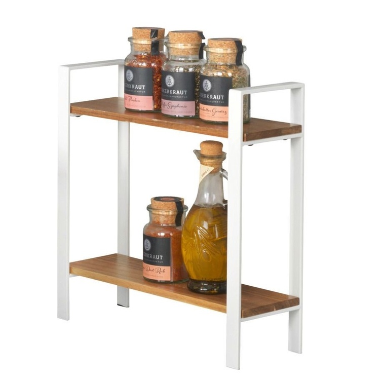 Shelf for spices, ACACIA DOUBLE SHELF, 32 x 11 x H 33 cm, White / Brown