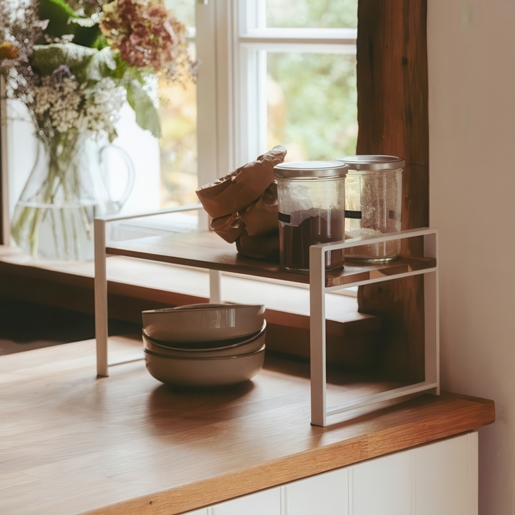 Shelf for spices, ACACIA SINGLE SHELF, 40 x 20 x H 20 cm, White / Brown