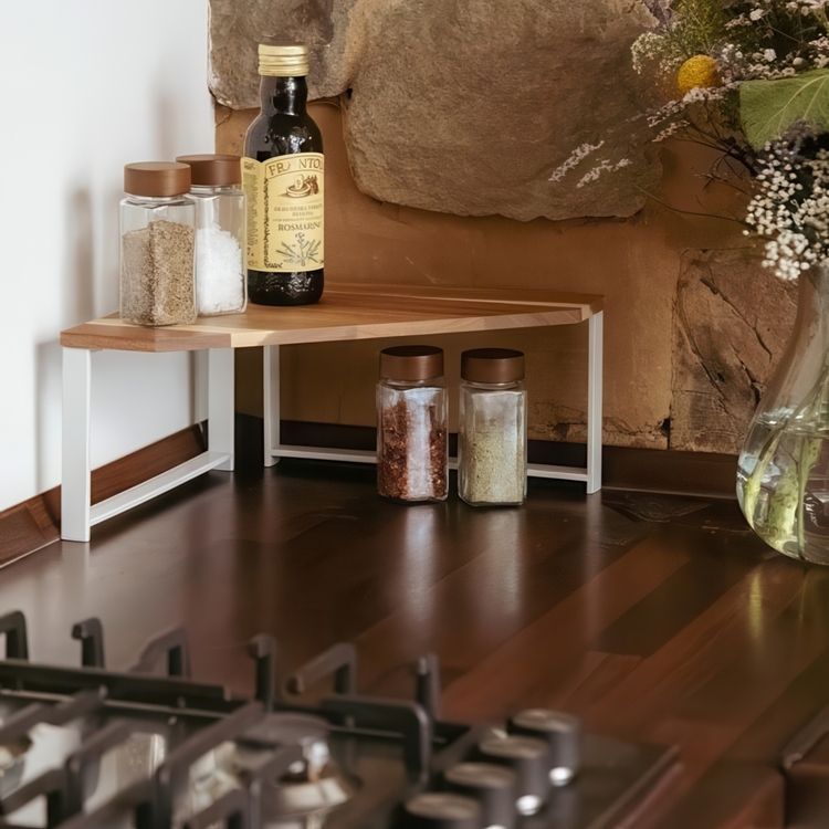 Shelf for spices, ACACIA SMALL CORNER SHELF, 30 x 30 x H 15 cm, White / Brown