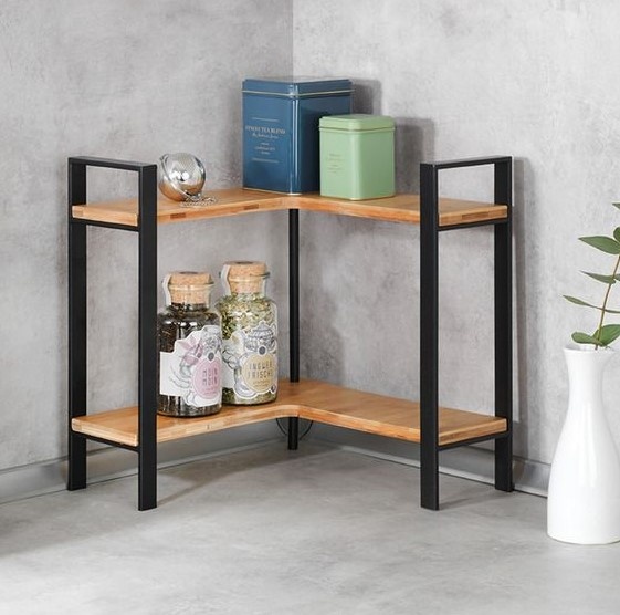 Shelf for spices, LOU CORNER SHELF, 30 x 30 x H 33 cm, Black and Bamboo