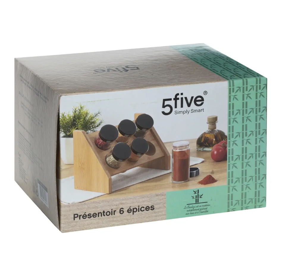 Spice rack with 6 Bottles, BAMBOO, Natural