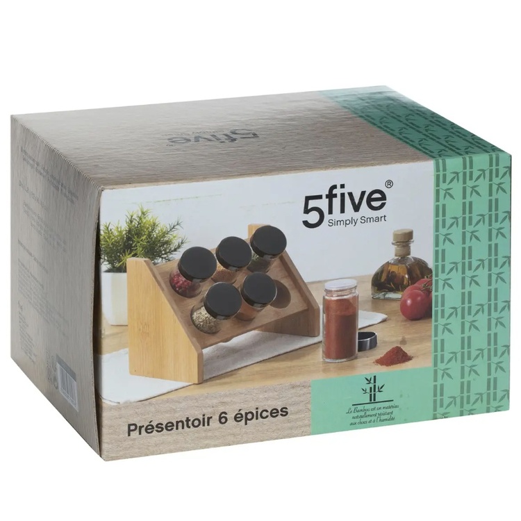 Spice rack with 6 Bottles, BAMBOO, Natural