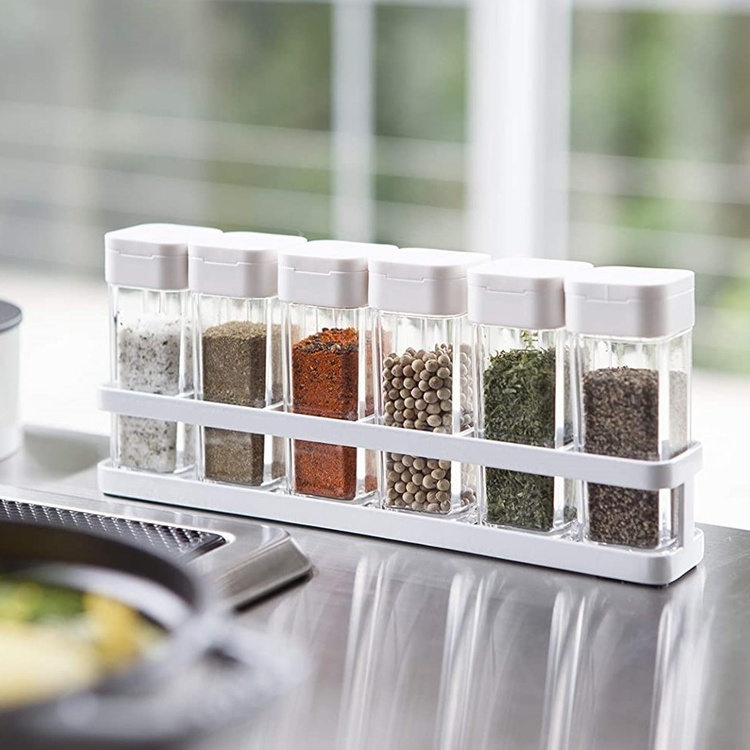 Spice rack with 6 Bottles, TOWER, Yamazaki, White / Clear