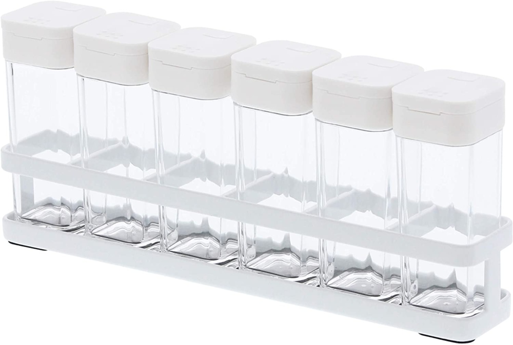 Spice rack with 6 Bottles, TOWER, Yamazaki, White / Clear
