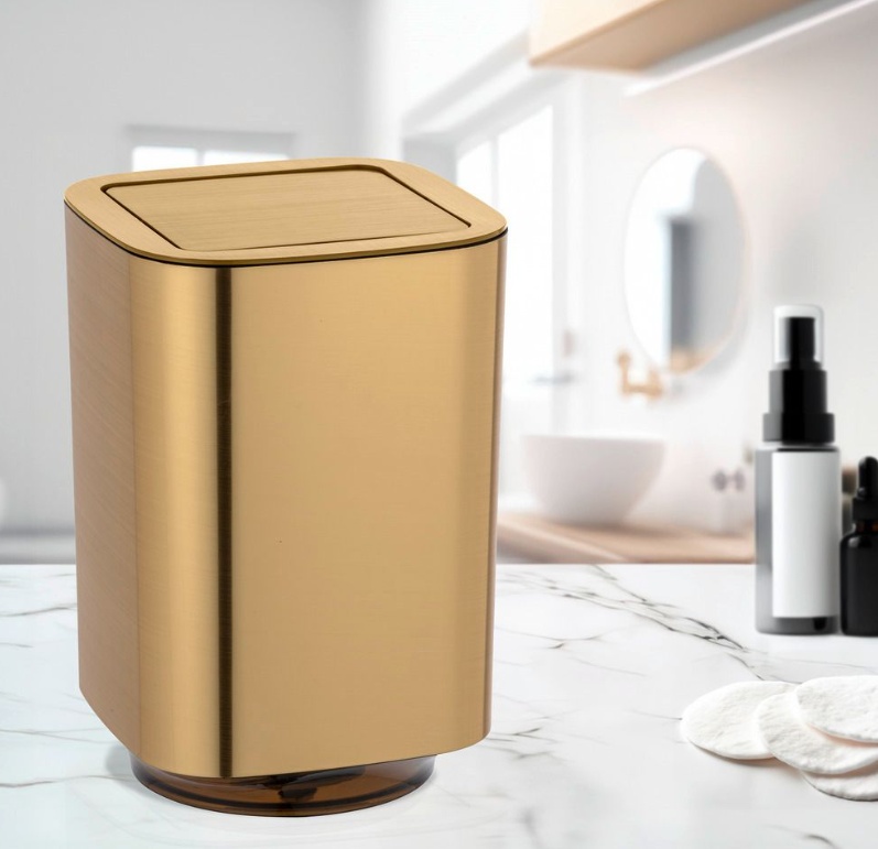 Trash can with swing-lid, 5,5 L, GLOSSY AURON, 17,2 x 17,2 x H 25,5 cm, Gold