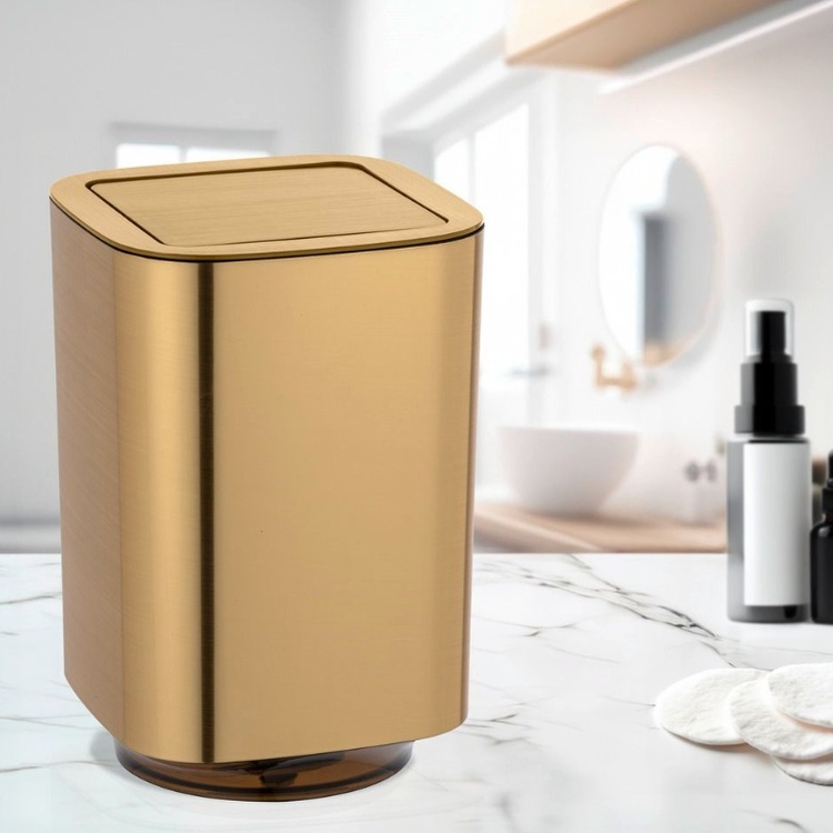 Trash can with swing-lid, 5,5 L, GLOSSY AURON, 17,2 x 17,2 x H 25,5 cm, Gold