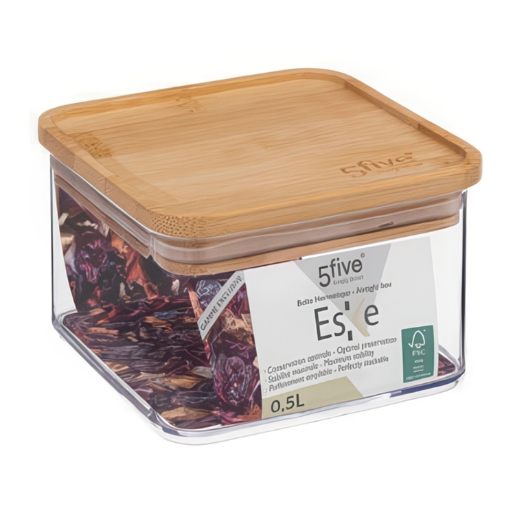 Airtight container, Square, 0,5 L, ESKE BAMBOO SMALL, 10,4 x 10,4 x H 7,2 cm, Clear / Nature