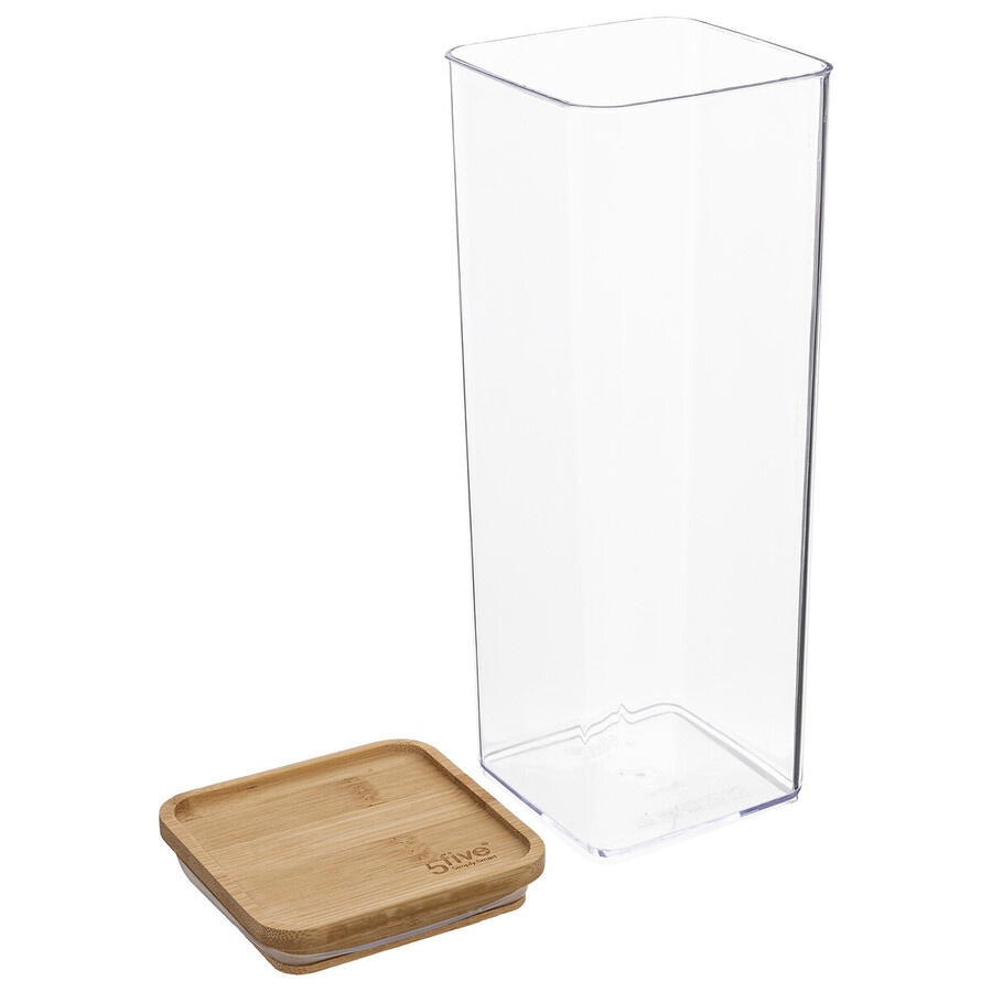 Airtight container, Square, 2 L, ESKE BAMBOO XL, 10,4 x 10,4 x H 27,5 cm, Clear / Nature