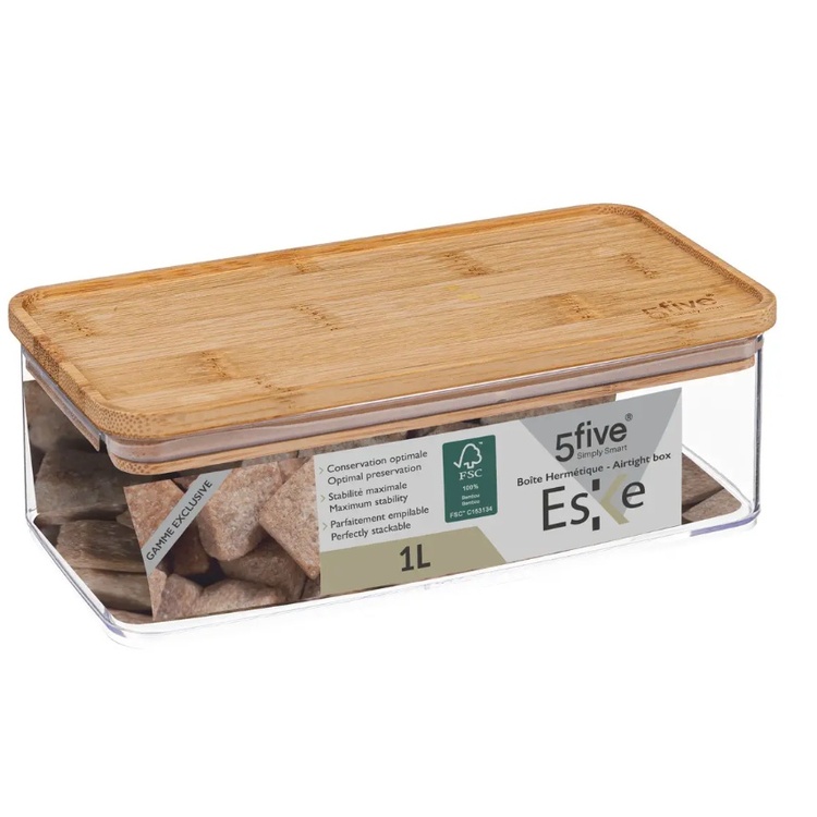 Airtight container, Rectangular, 1 L, ESKE BAMBOO SMALL, 20,4 x 10,4 x H 7 cm, Clear / Nature