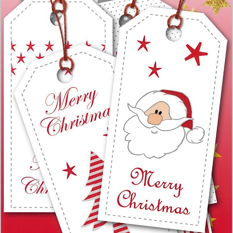 Luxury Gift Tags, Set of 6, MERRY CHRISTMAS GIFT TAGS, Ø 5 cm, White / Silver / Red
