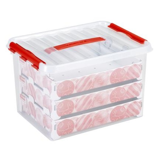 Storage box, With handle, 22L, CHRISTMAS ORNAMENTS, 40 x 30 x H 26 cm, Clear / red
