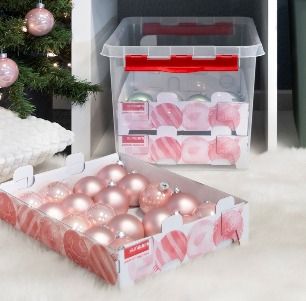 Storage box, With handle, 22L, CHRISTMAS ORNAMENTS, 40 x 30 x H 26 cm, Clear / red