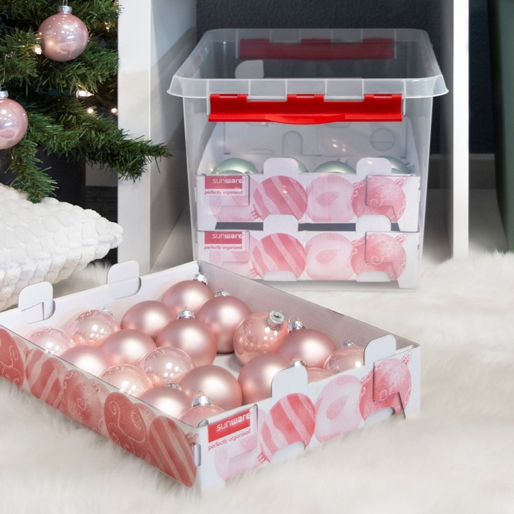 Storage box, With handle, 22L, CHRISTMAS ORNAMENTS, 40 x 30 x H 26 cm, Clear / red