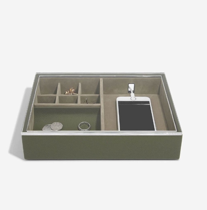 Catch All Box with display lid, STACKERS VALET BOX, 18 x 25 x H 6 cm, Olive Green