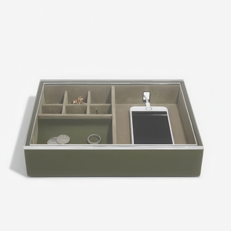 Catch All Box with display lid, STACKERS VALET BOX, 18 x 25 x H 6 cm, Olive Green