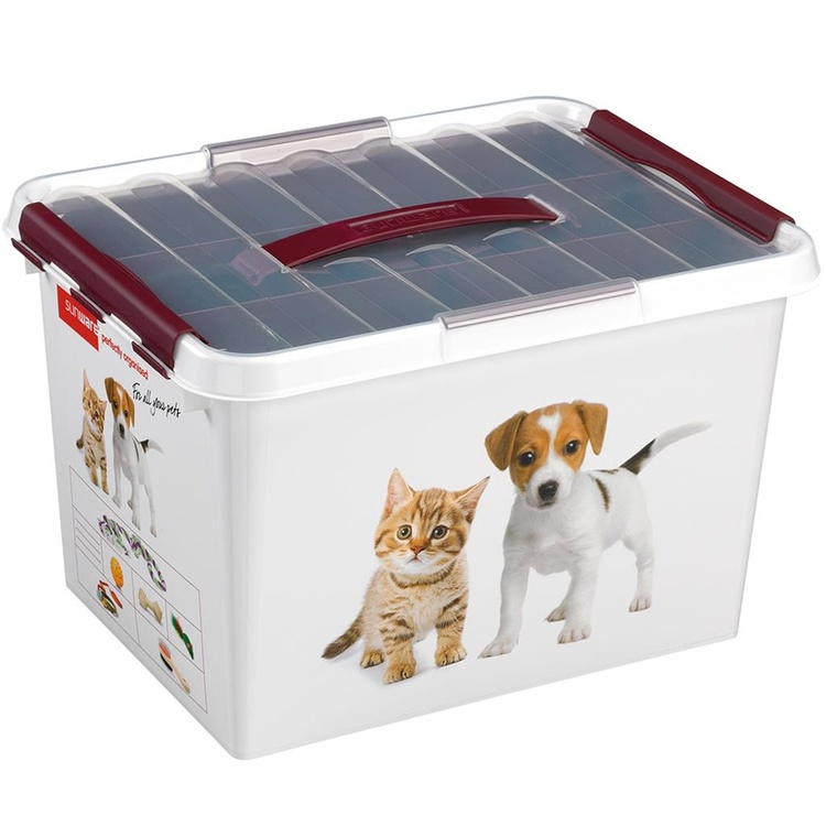 Box with handle, 22 L, PET STORAGE BOX LARGE, 40 x 30 x H 26 cm, White / Bordaux