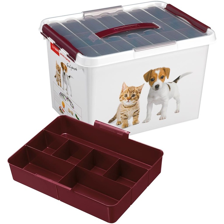 Box with handle, 22 L, PET STORAGE BOX LARGE, 40 x 30 x H 26 cm, White / Bordaux