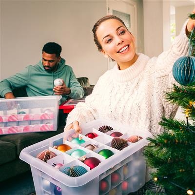 Storage box, 24L, X-MAS ORNAMENTS, 43 x 34,5 x H 22,5 cm, Clear/ Red