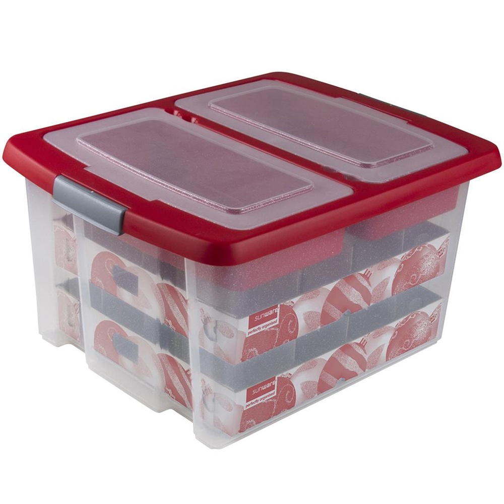 Storage box, 32L, LARGE GLITTER BOX , 48 x 36,5 x H24,5 cm, Clear/ Red