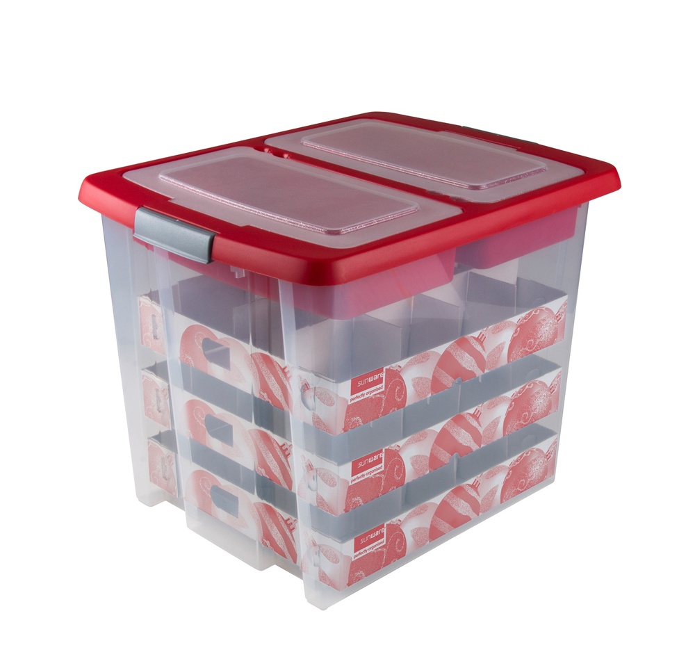 Storage box, 45L, XL GLITTER BOX , 48 x 36,5 x H 36,5 cm, Clear/ Red