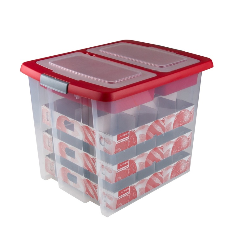 Storage box, 45L, XL GLITTER BOX , 48 x 36,5 x H 36,5 cm, Clear/ Red